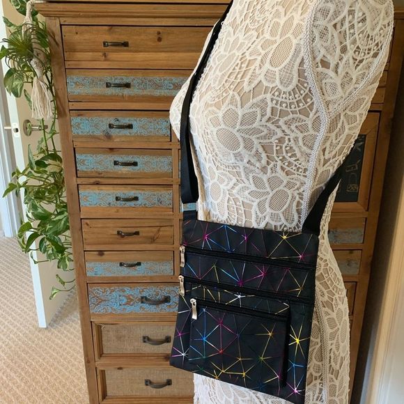 Geometric Four Pocket Crossbody Handbag – Black/multi - Picture 7 of 8